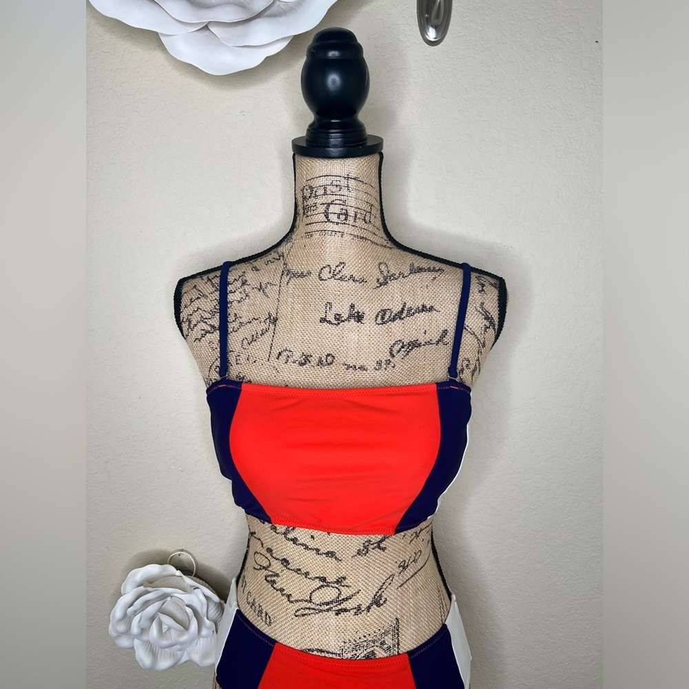 Cupshe Colorblock Bikini Set Orange Blue White Mid Rise Swim Size M - Picture 5 of 16